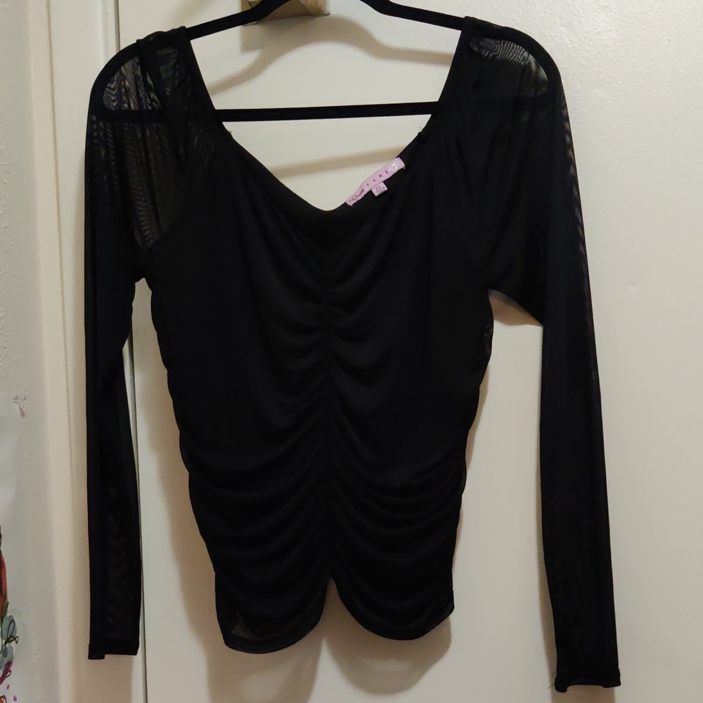 Crave Fame Black Ruched Mesh Sleeve Top